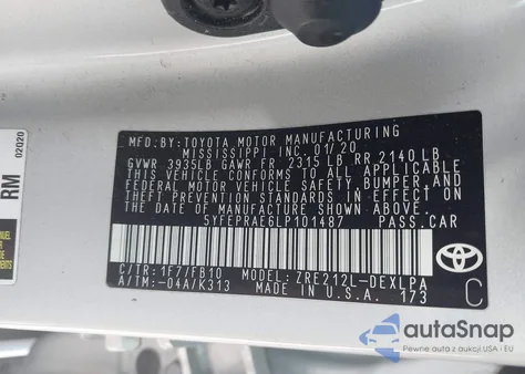 2020 Toyota Corolla z USA, uszkodzony, nr VIN 5YFERPRAE6LP10148